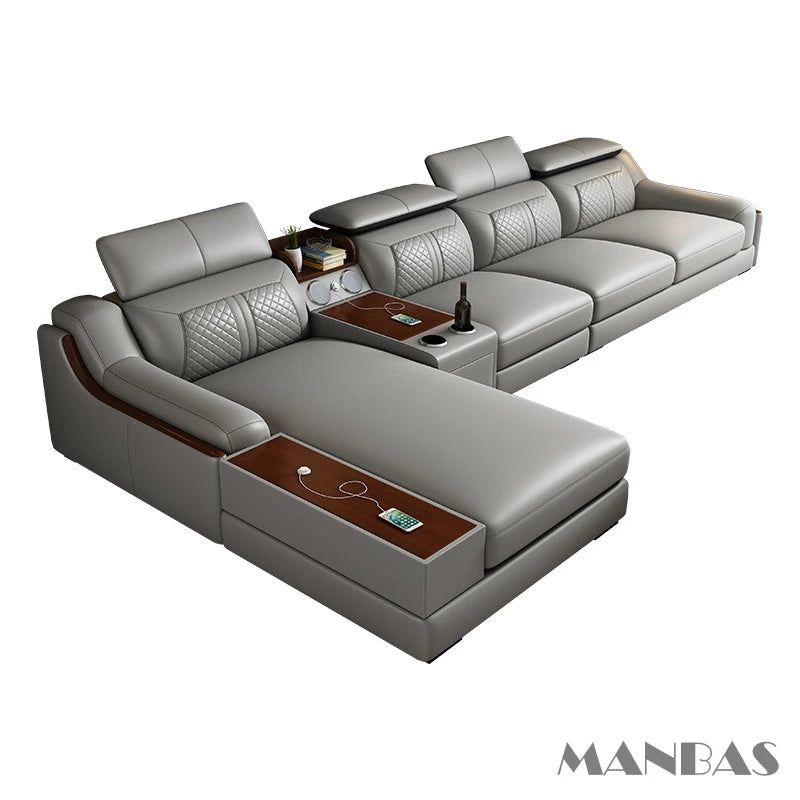 Italian Genuine Leather Sofa with Cup Holder, USB, Adjustable Headrests & Bluetooth Speaker