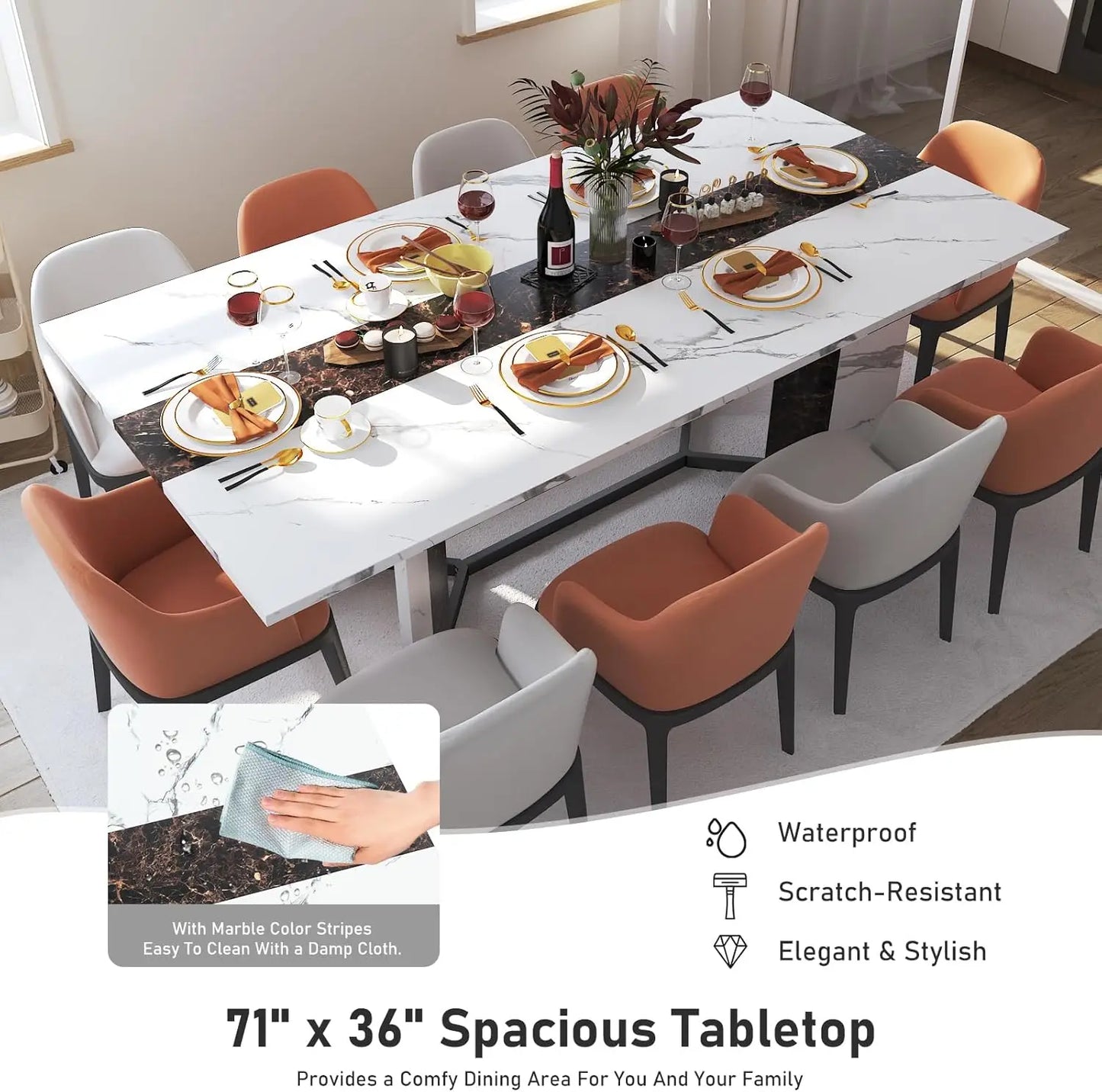 71In Large Rectangular White Dining Table w/35 Marble-Color Wood Watrproof Tabletop,Adjustable Legs