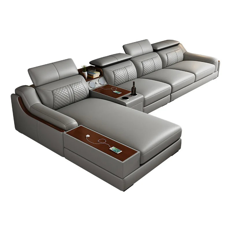 Italian Genuine Leather Sofa with Cup Holder, USB, Adjustable Headrests & Bluetooth Speaker