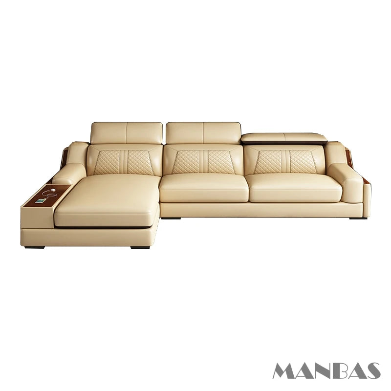 Italian Genuine Leather Sofa with Cup Holder, USB, Adjustable Headrests & Bluetooth Speaker
