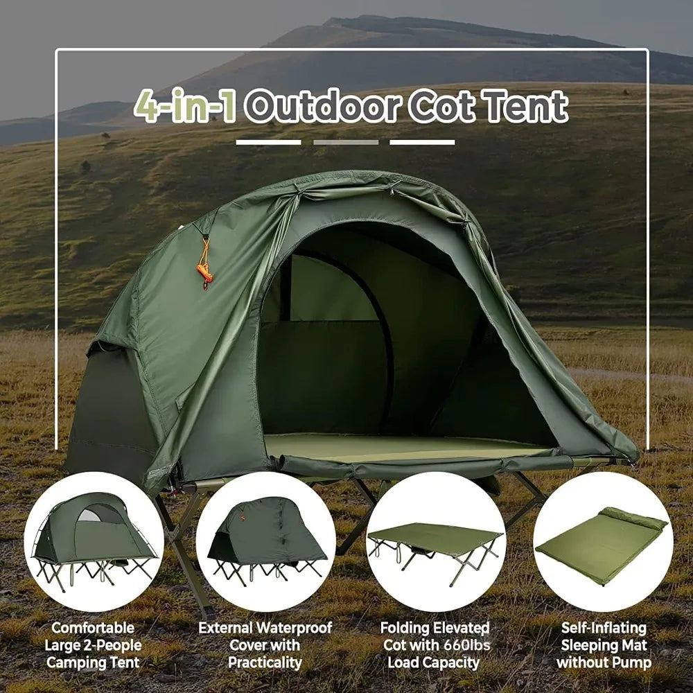 2-Person Tent Cot, Self-Inflating Mattress & Roller Carrying Bag, Off Ground Elevated Tent