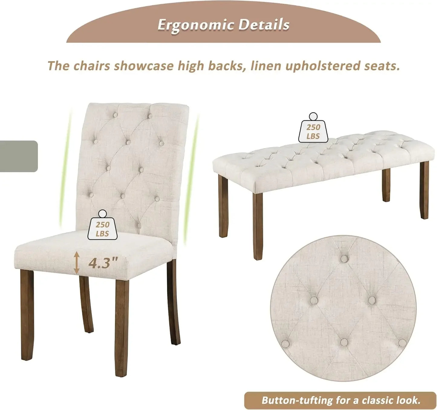 6 Piece Dining Table Set, 72 inch Wooden Rectangular Table with 4 Upholstered Chairs and a Bench