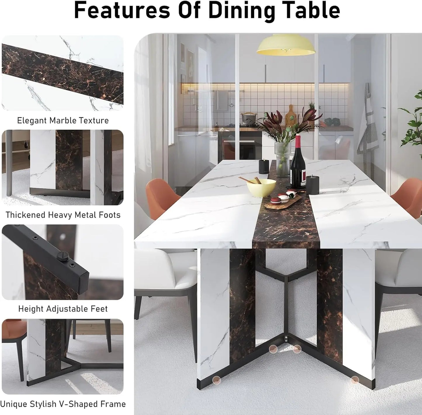 71In Large Rectangular White Dining Table w/35 Marble-Color Wood Watrproof Tabletop,Adjustable Legs