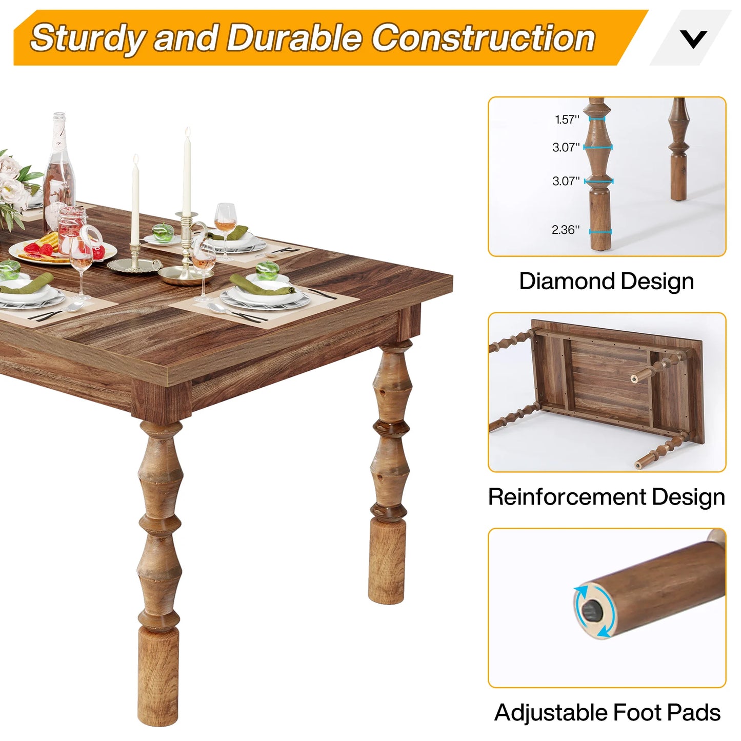 62” Wood Patio Table for 4-6 People