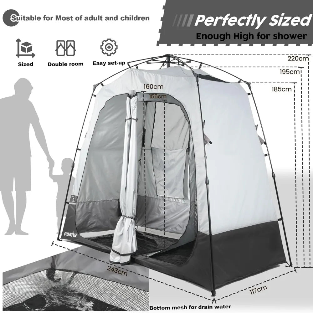 Camping Shower Tent, Large Toilet Tent 2 Rooms with Floor Drain Design