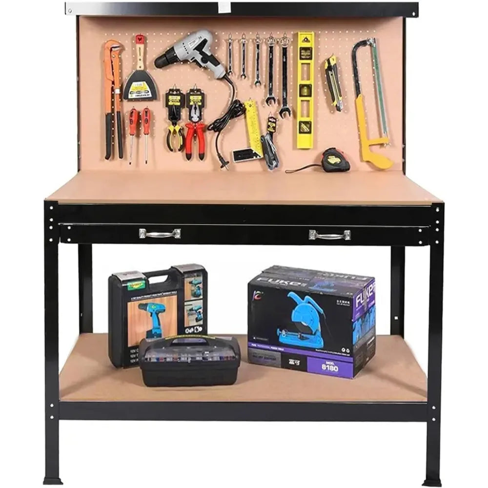 Heavy-Duty Steel Workbench 63" Multipurpose Table with Drawer, Pegboard & Shelf