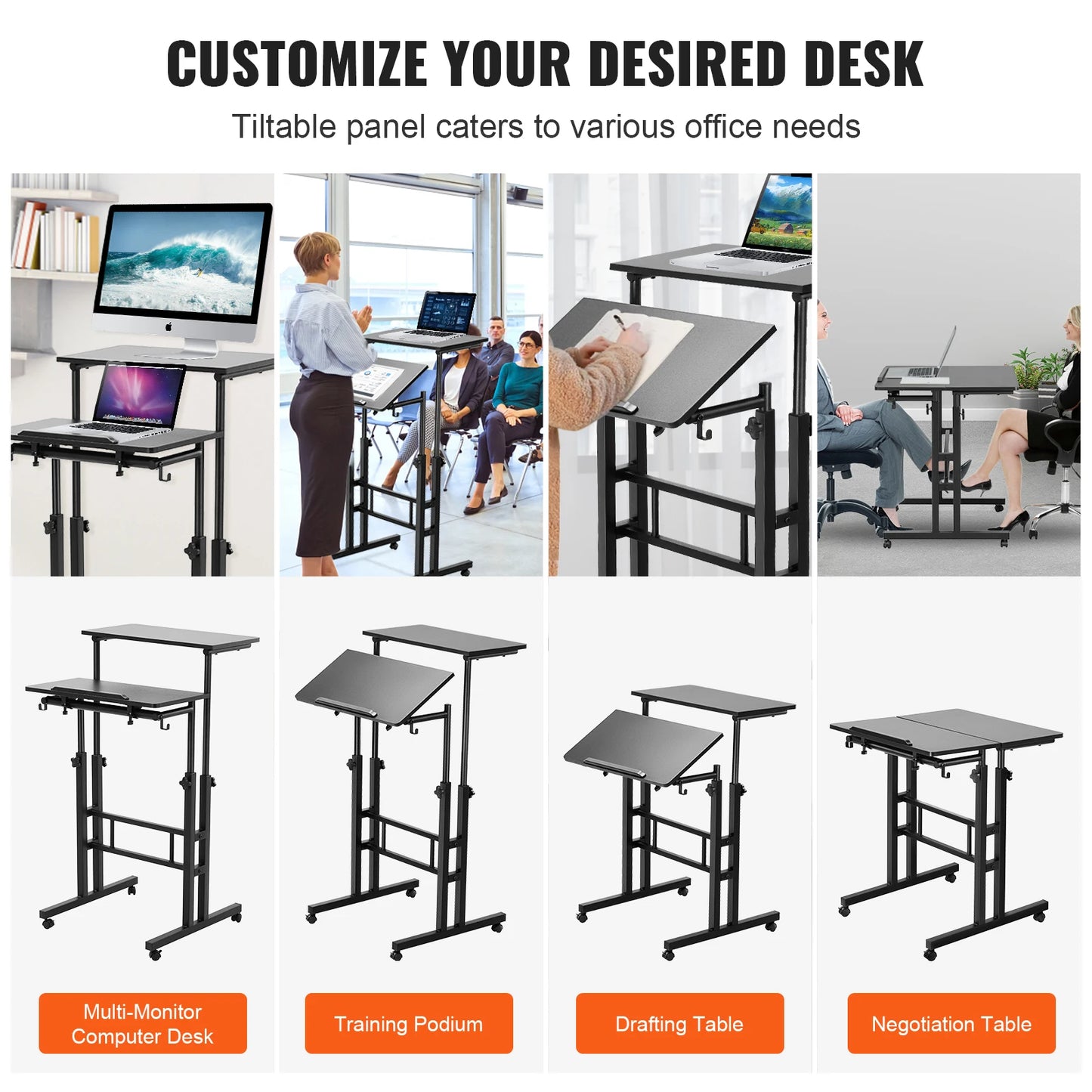 Gas-Spring Height Adjustable Sit-Stand Desk with 360° Swivel Wheels