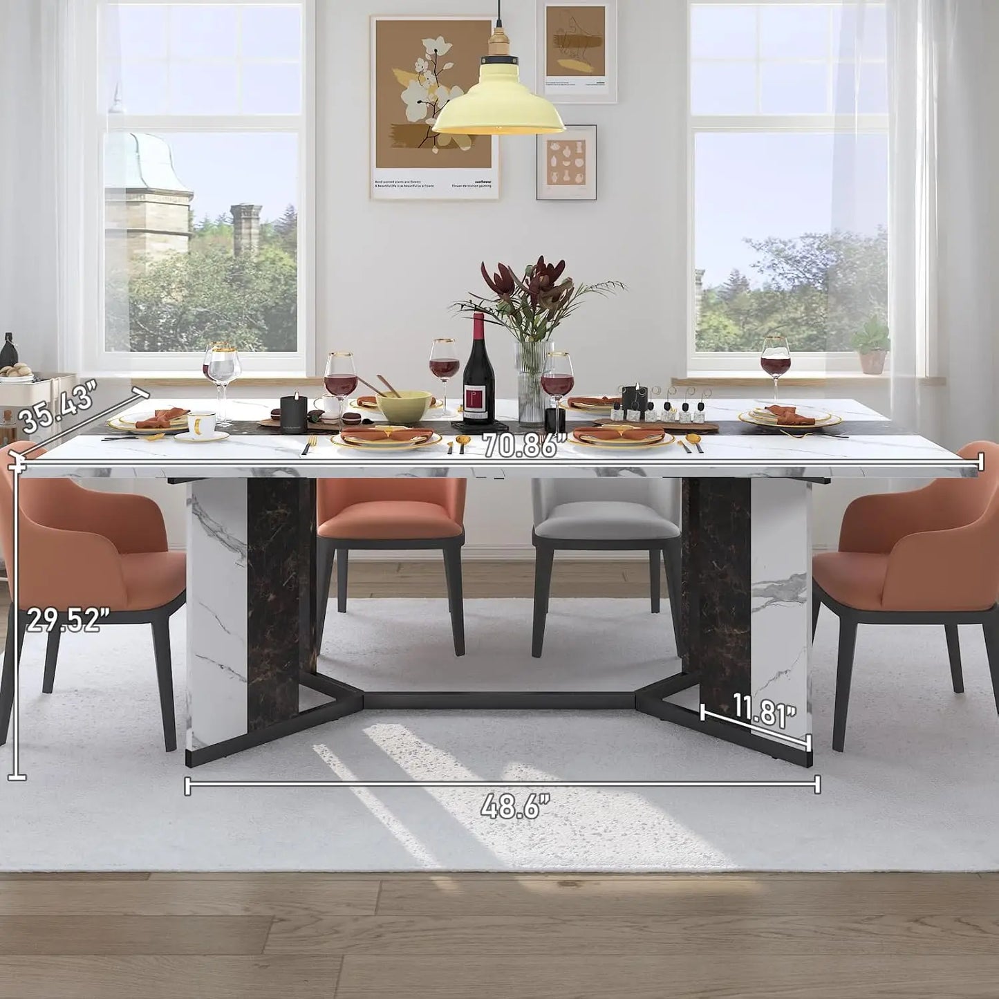 71In Large Rectangular White Dining Table w/35 Marble-Color Wood Watrproof Tabletop,Adjustable Legs