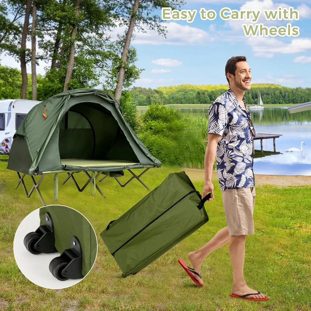 2-Person Tent Cot, Self-Inflating Mattress & Roller Carrying Bag, Off Ground Elevated Tent