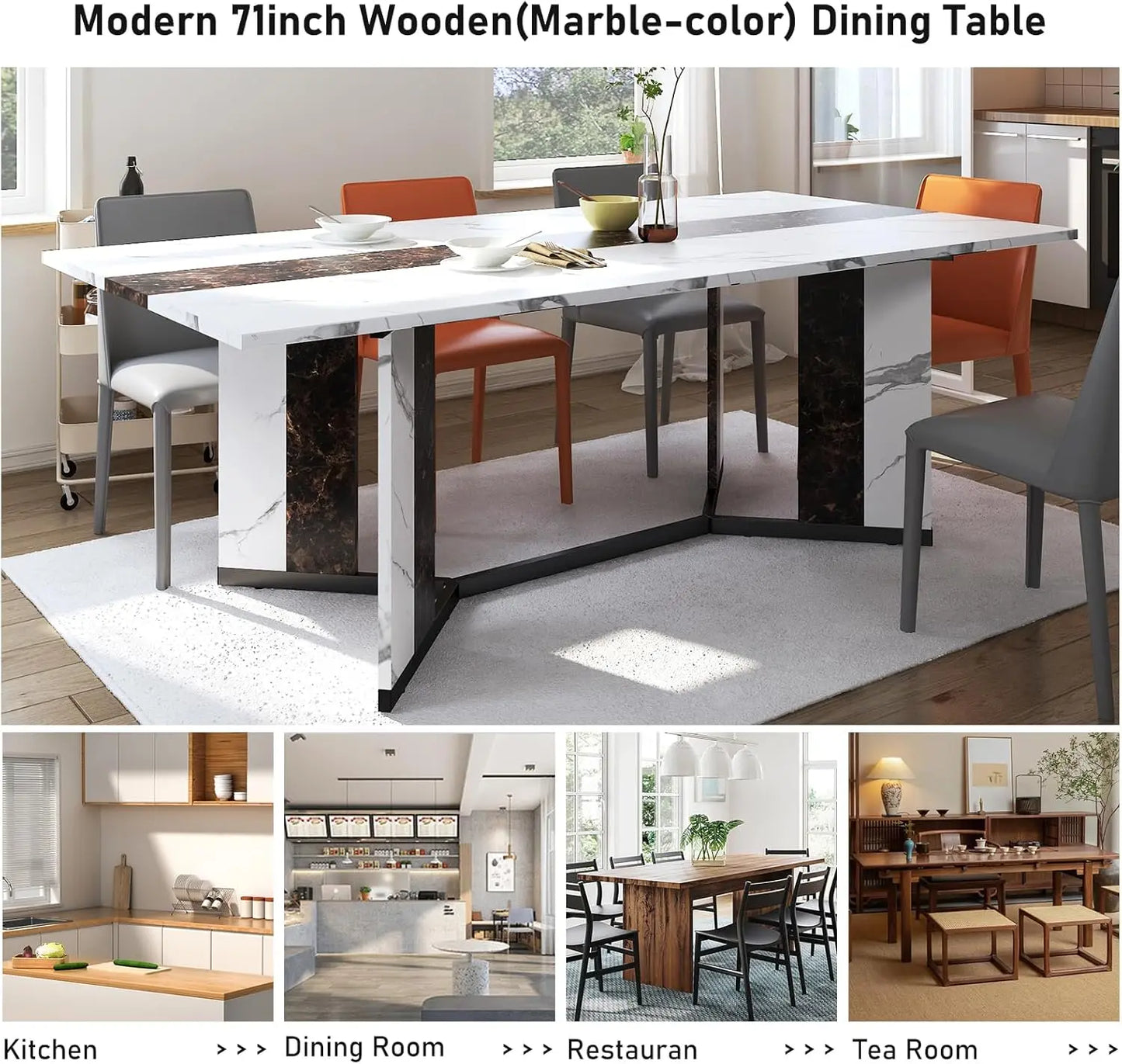 71In Large Rectangular White Dining Table w/35 Marble-Color Wood Watrproof Tabletop,Adjustable Legs