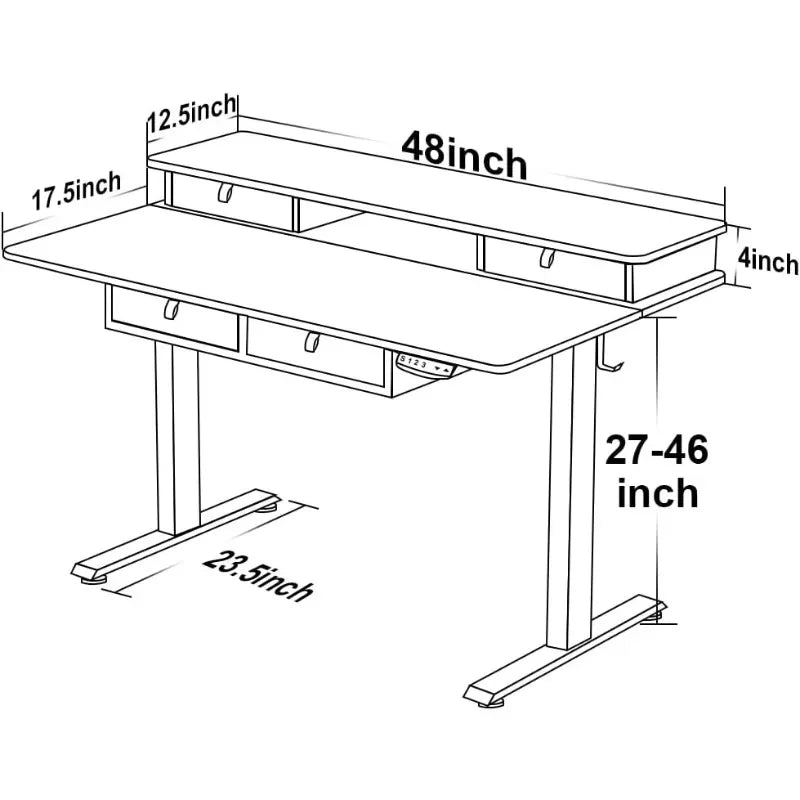 Electric Standing Extended Desk, Adjustable Height, 4 Drawers, 48x30 inches