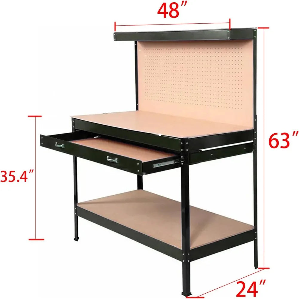 Heavy-Duty Steel Workbench 63" Multipurpose Table with Drawer, Pegboard & Shelf