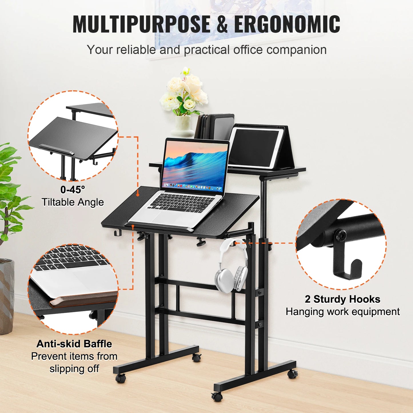 Gas-Spring Height Adjustable Sit-Stand Desk with 360° Swivel Wheels