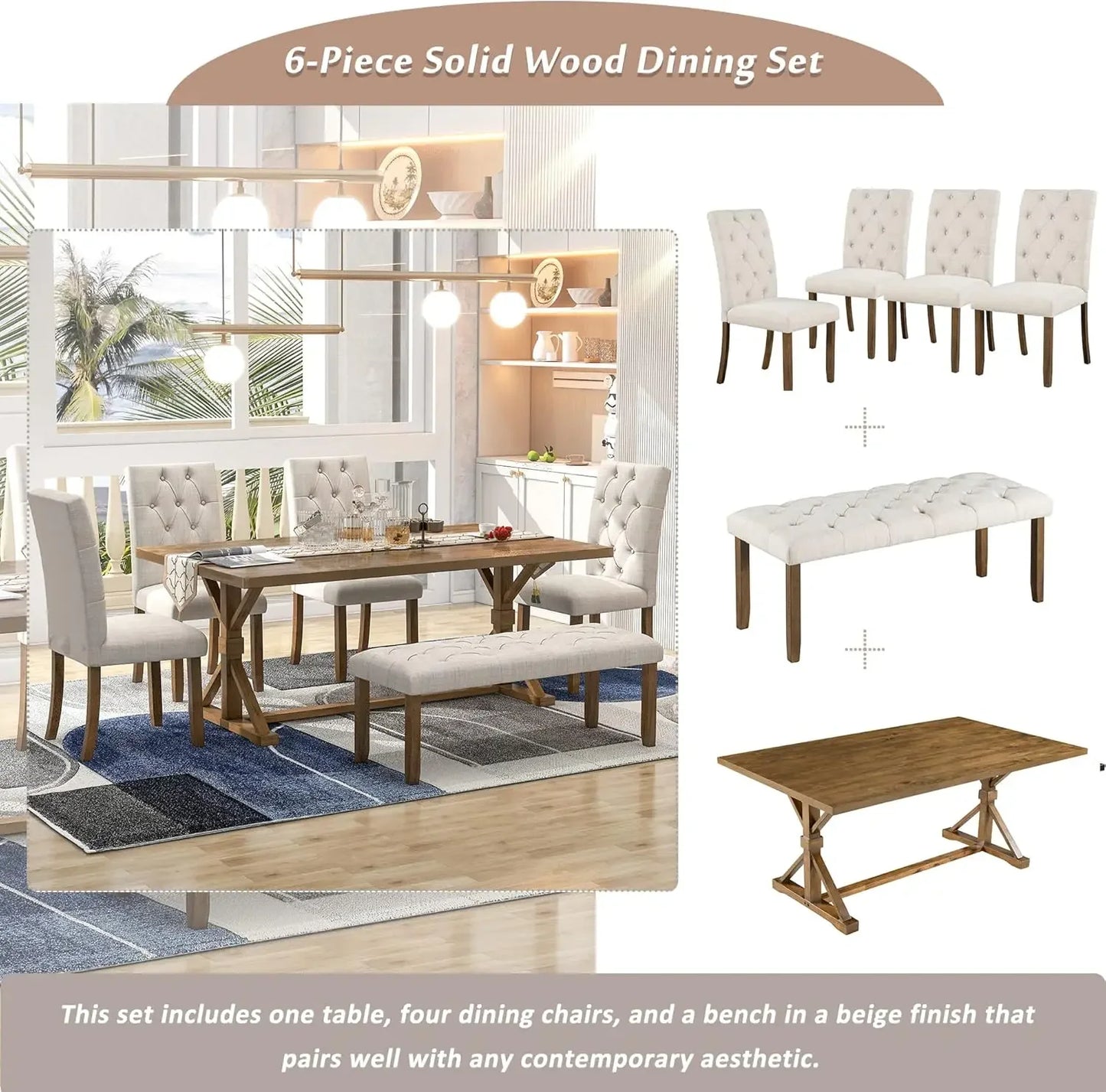6 Piece Dining Table Set, 72 inch Wooden Rectangular Table with 4 Upholstered Chairs and a Bench