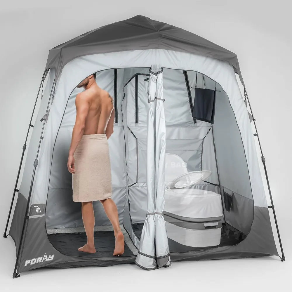 Camping Shower Tent, Large Toilet Tent 2 Rooms with Floor Drain Design