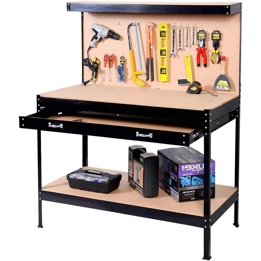 Heavy-Duty Steel Workbench 63" Multipurpose Table with Drawer, Pegboard & Shelf