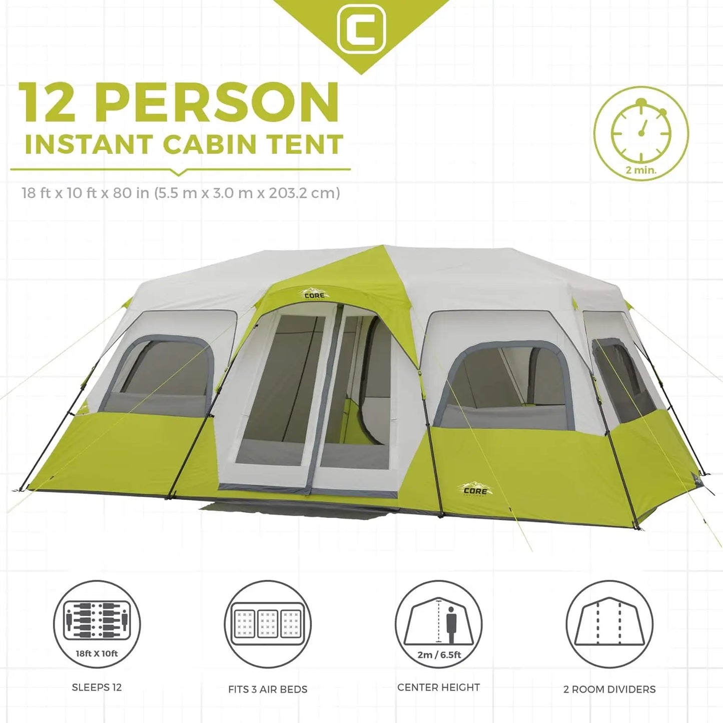 12 Person | 3 Room Huge Tent with Storage Pockets