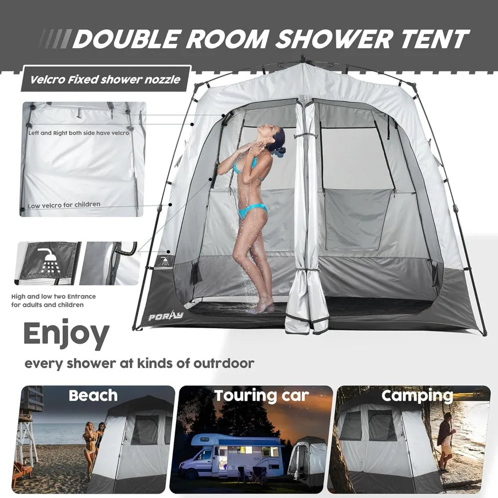 Camping Shower Tent, Large Toilet Tent 2 Rooms with Floor Drain Design