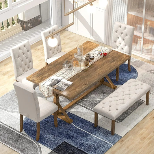 6 Piece Dining Table Set, 72 inch Wooden Rectangular Table with 4 Upholstered Chairs and a Bench