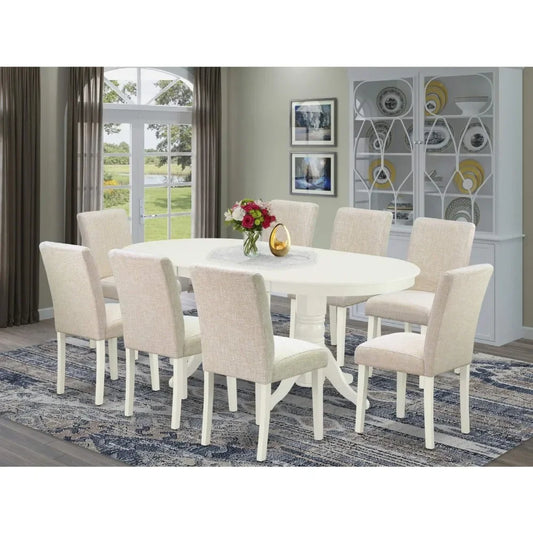 9 Piece Dining Room Set with Oval Wooden Table, Butterfly Leaf, and 8 Light Beige chairs