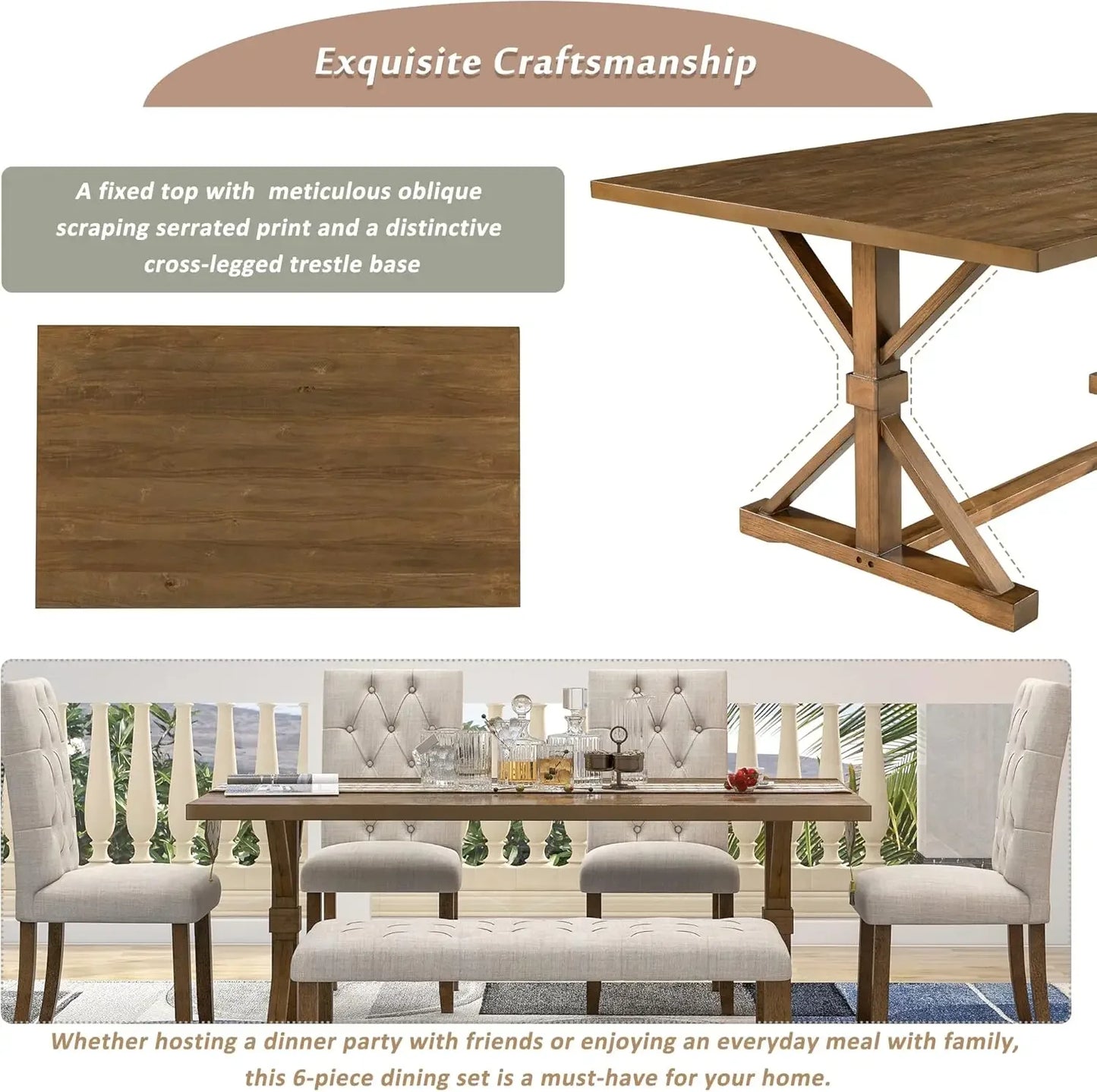 6 Piece Dining Table Set, 72 inch Wooden Rectangular Table with 4 Upholstered Chairs and a Bench
