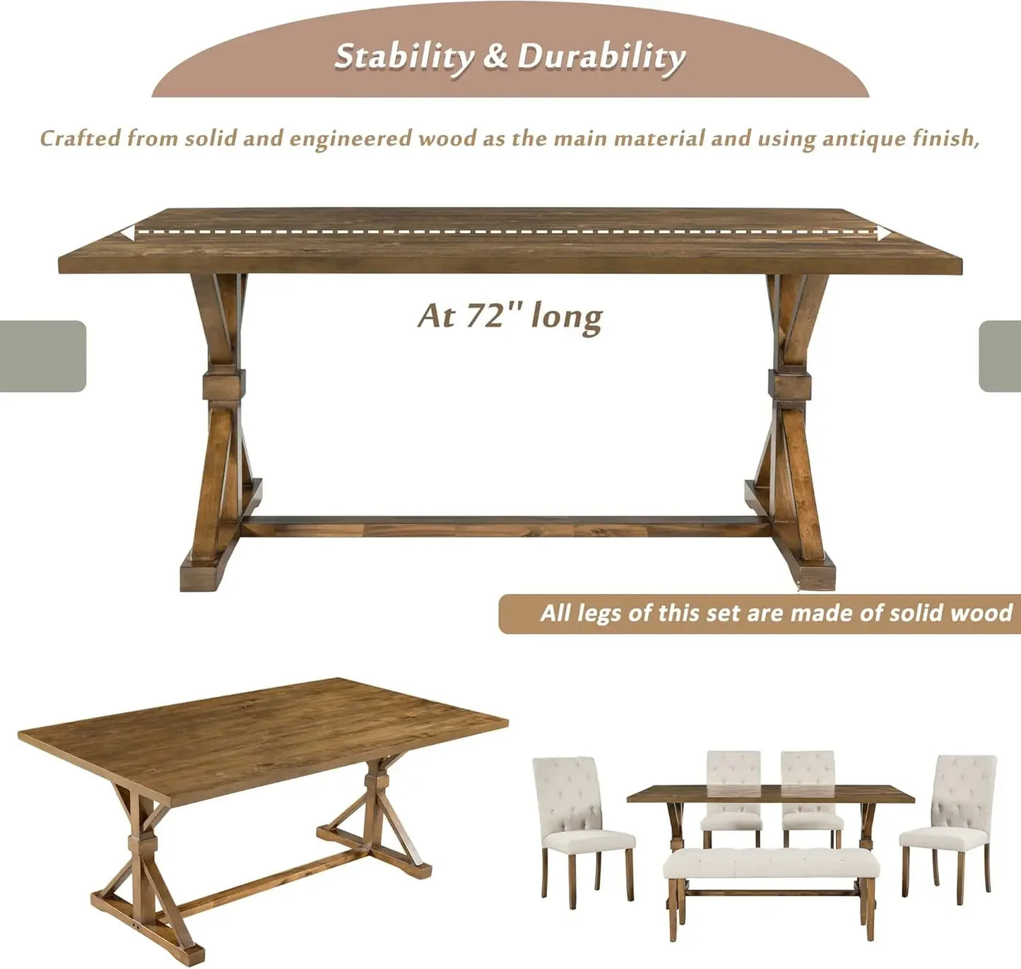 6 Piece Dining Table Set, 72 inch Wooden Rectangular Table with 4 Upholstered Chairs and a Bench