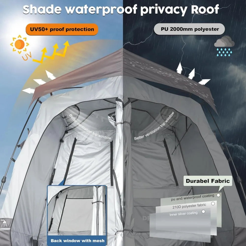 Camping Shower Tent, Large Toilet Tent 2 Rooms with Floor Drain Design