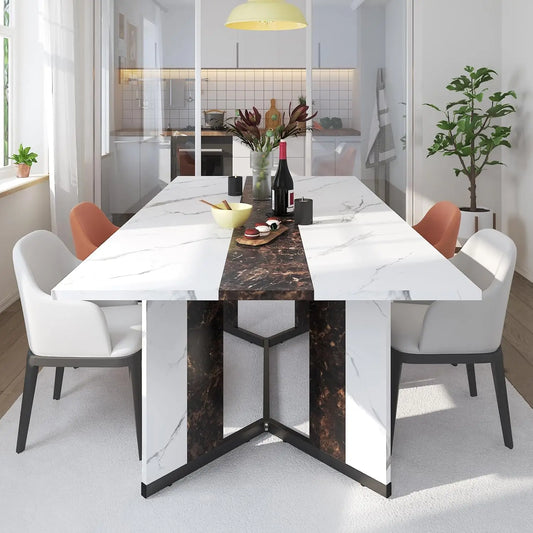 71In Large Rectangular White Dining Table w/35 Marble-Color Wood Watrproof Tabletop,Adjustable Legs