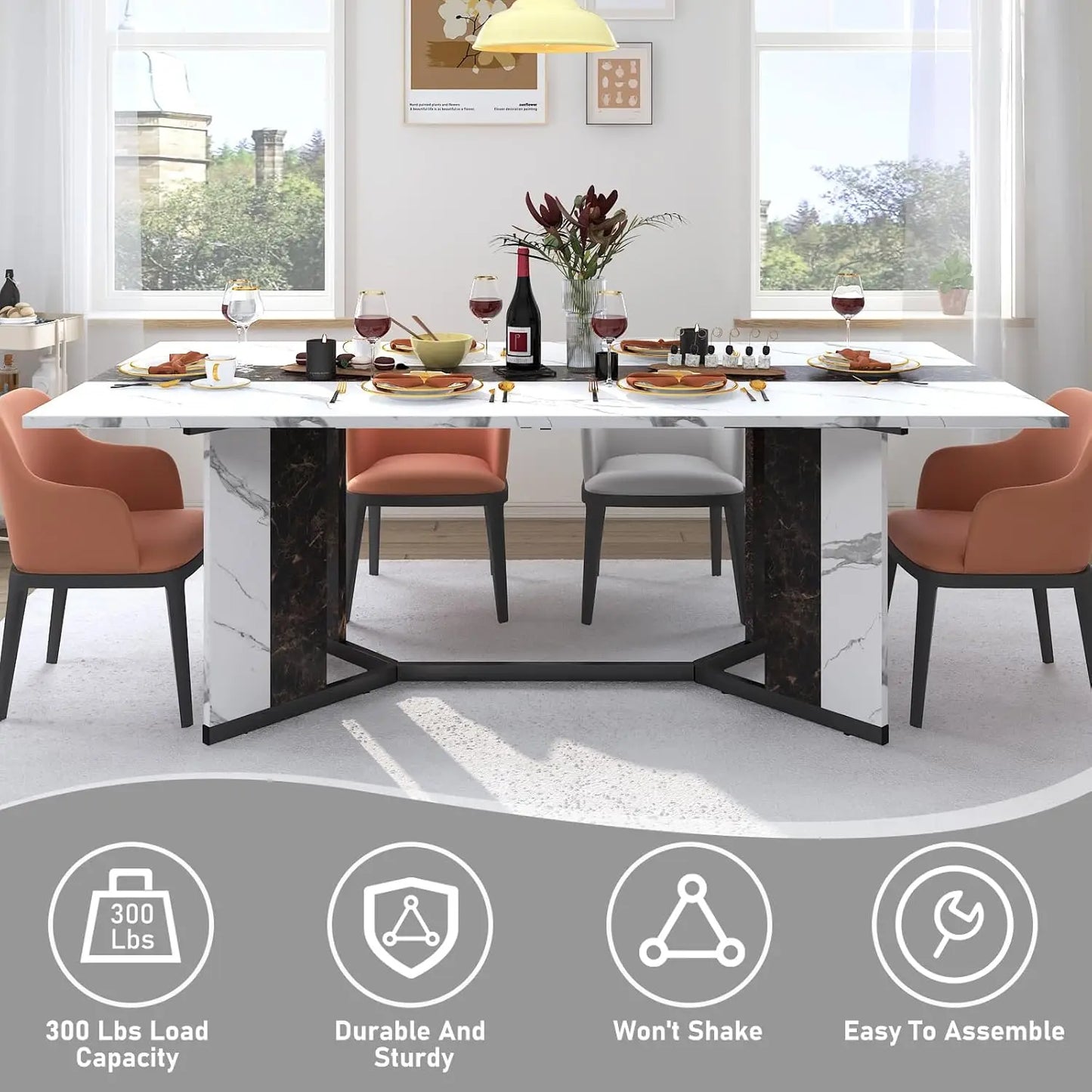 71In Large Rectangular White Dining Table w/35 Marble-Color Wood Watrproof Tabletop,Adjustable Legs