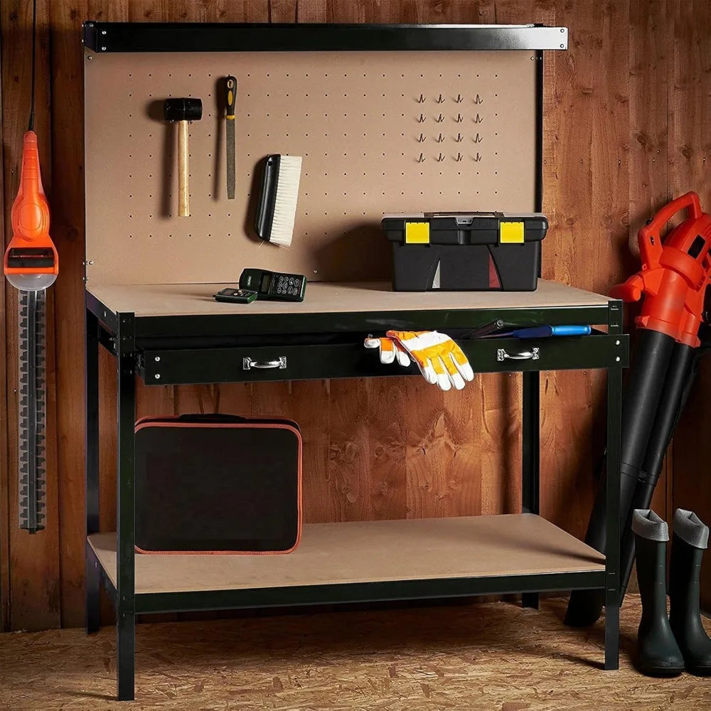 Heavy-Duty Steel Workbench 63" Multipurpose Table with Drawer, Pegboard & Shelf