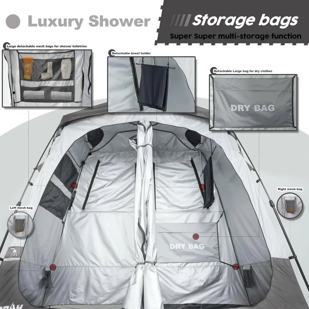 Camping Shower Tent, Large Toilet Tent 2 Rooms with Floor Drain Design